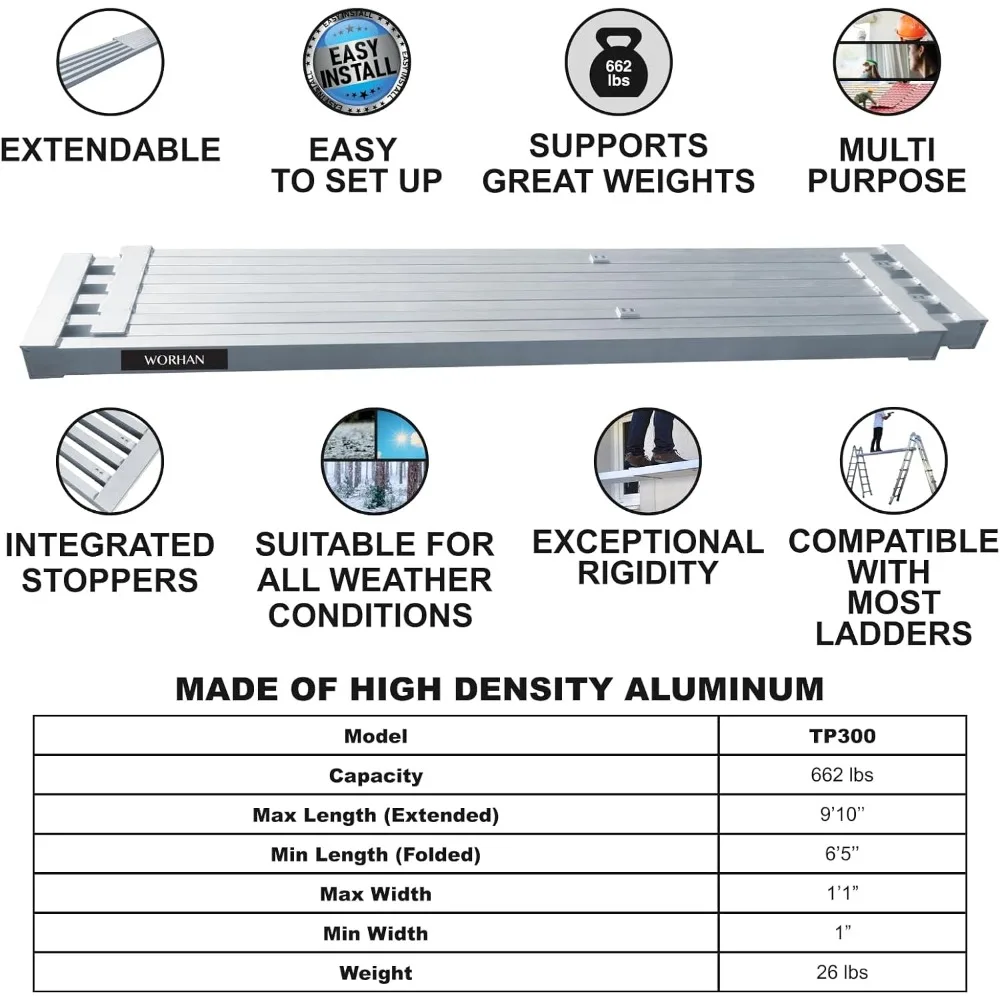 Aluminum Extension Plank 10 ft. 662 lbs Telescopic Platform Textured for Traction Surface Solid Wheelchair Passage with 3 Handle