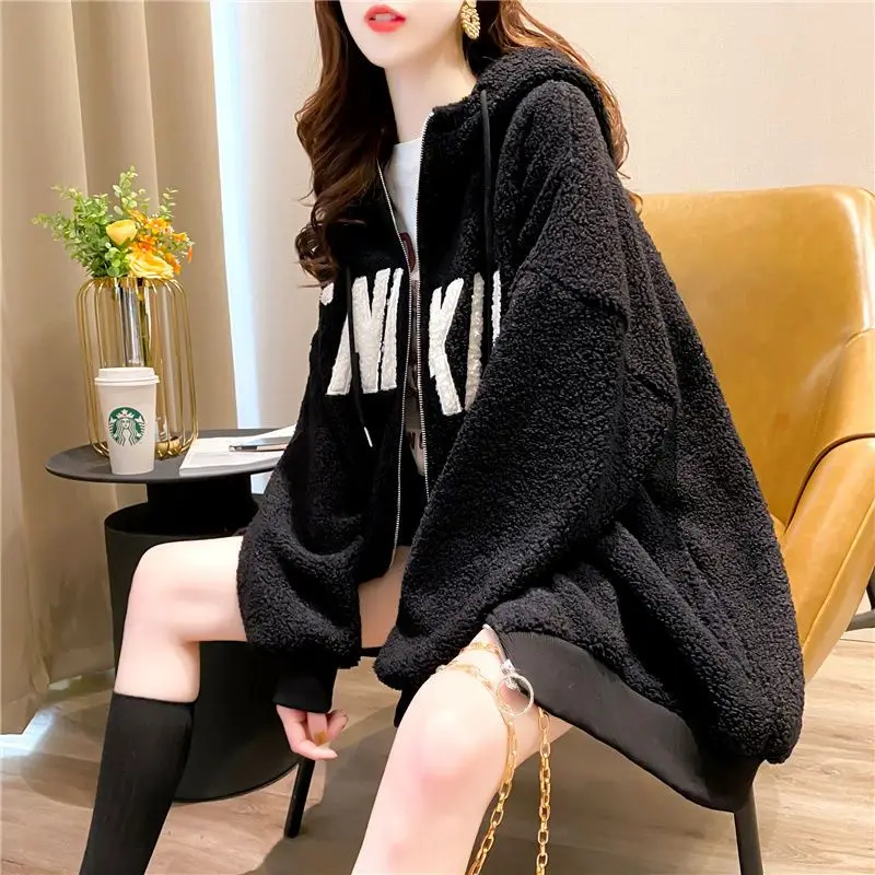 Fashion Zipper Casual Letter Hoodies Sweatshirts Female Clothing 2024 Autumn Winter New Loose Korean Tops All-match Sweatshirts