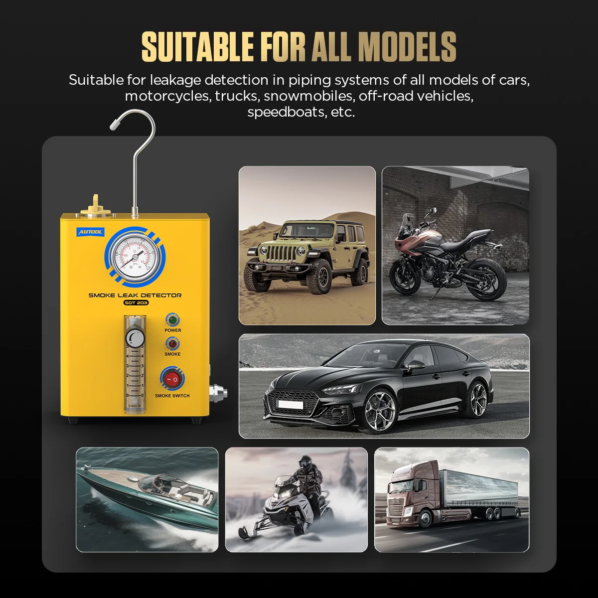 

Диагностический прибор AUTOOL SDT203 для автомобильных систем, детектор утечек дыма в трубопроводах