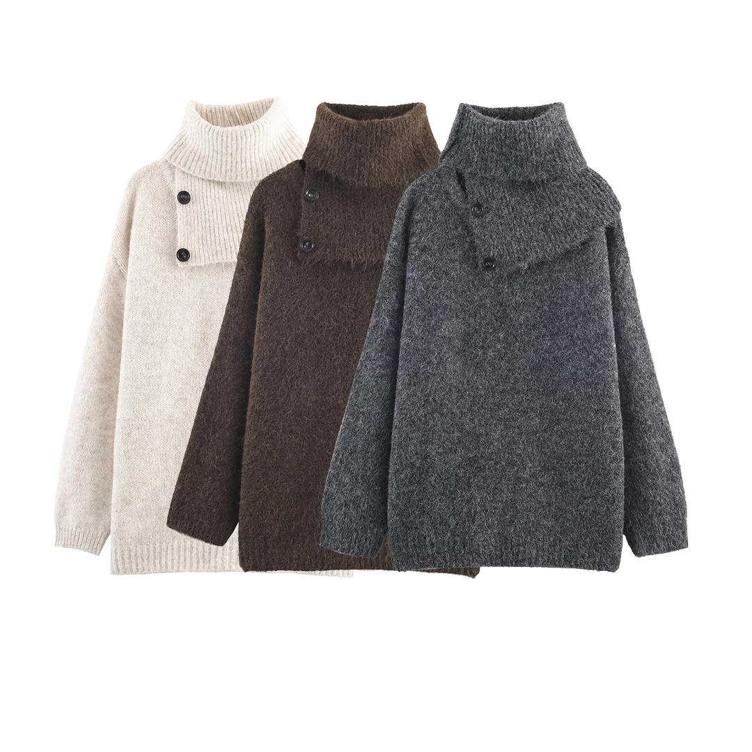 KASLEAD Neuer Faion-Schal für Damen, Ne Long Sve, lockerer Strickpullover, runder Ne-Pullover, Polyesterfaser, Wintersaison