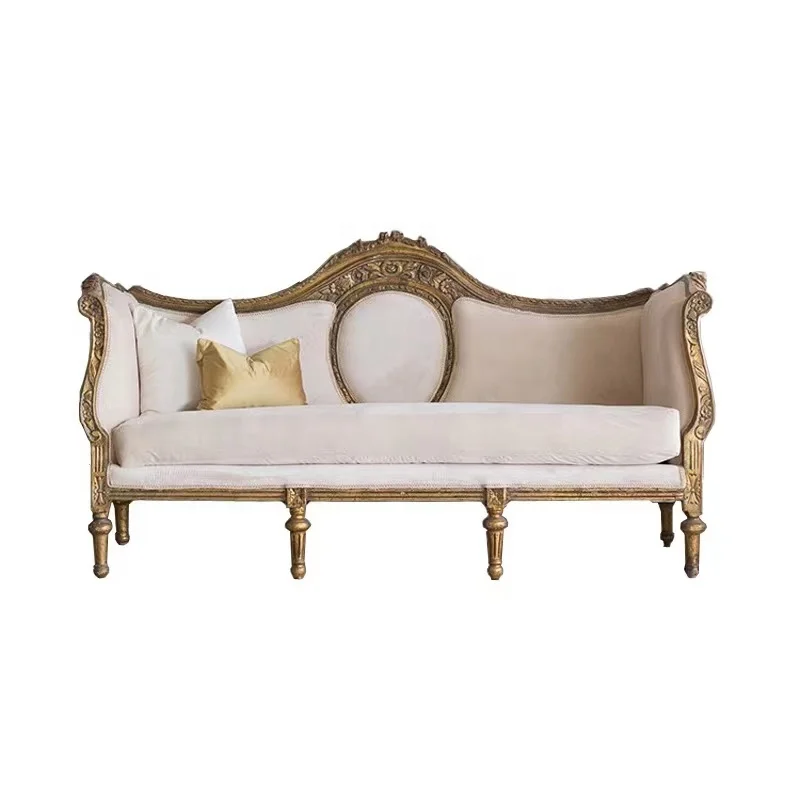 French luxury villa bed and breakfast living room solid wood carving retro gold three-person sofa