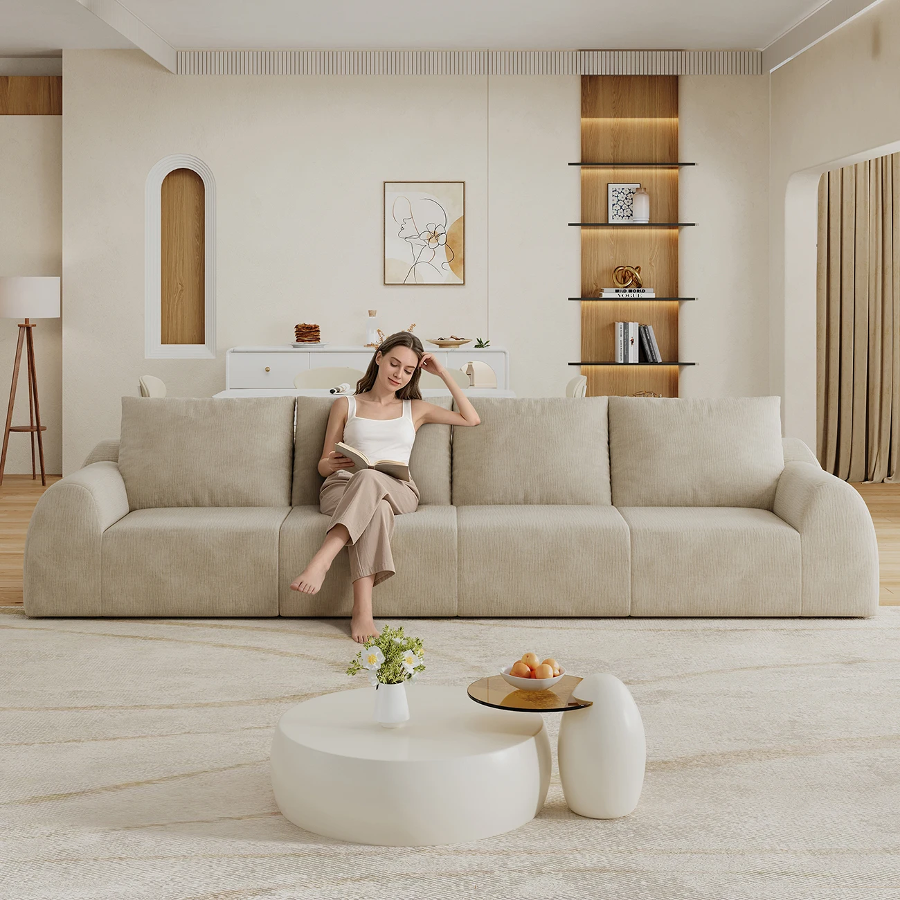 Cremefarbenes Tofu-Block-Stoffsofa für das Wohnzimmer, geradlinig, modern, minimalistisch, für vier Personen.