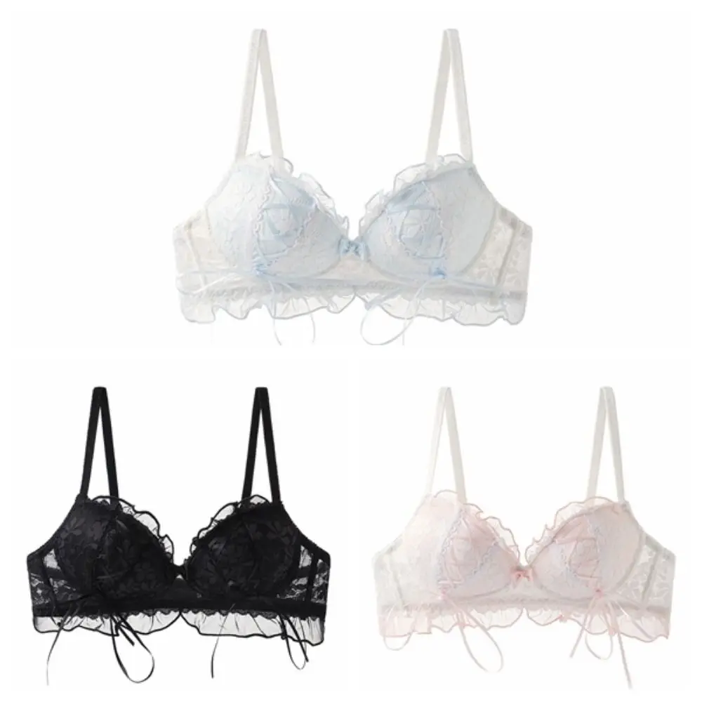 Sujetador con escote en V profundo sin aros con lazo, ropa interior dulce de Lolita con flores de malla para mujer, sujetador de realce de encaje antiflacidez a prueba de golpes para niñas