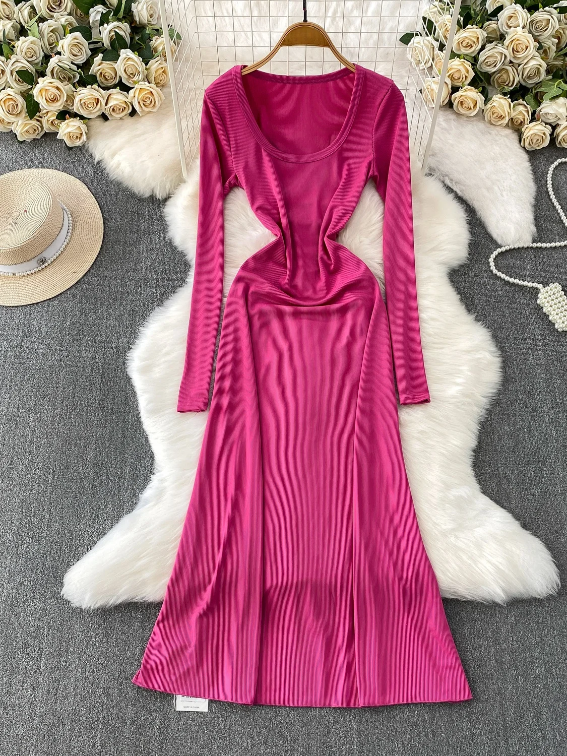 

Sexy U-Ne Knitted Long Dr Women's Autumn Winter High Waist Belted Base Layer Simple Fi Tail Dr Commute Sle