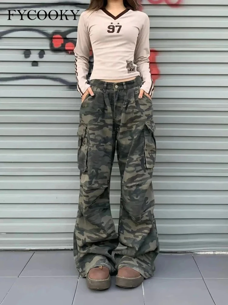 

Новинка 2025, камуфляжные джинсы-карго, женские винтажные осенние широкие брюки с высокой талией Y2K, женская уличная одежда, мешковатые джинсовые брюки, женские