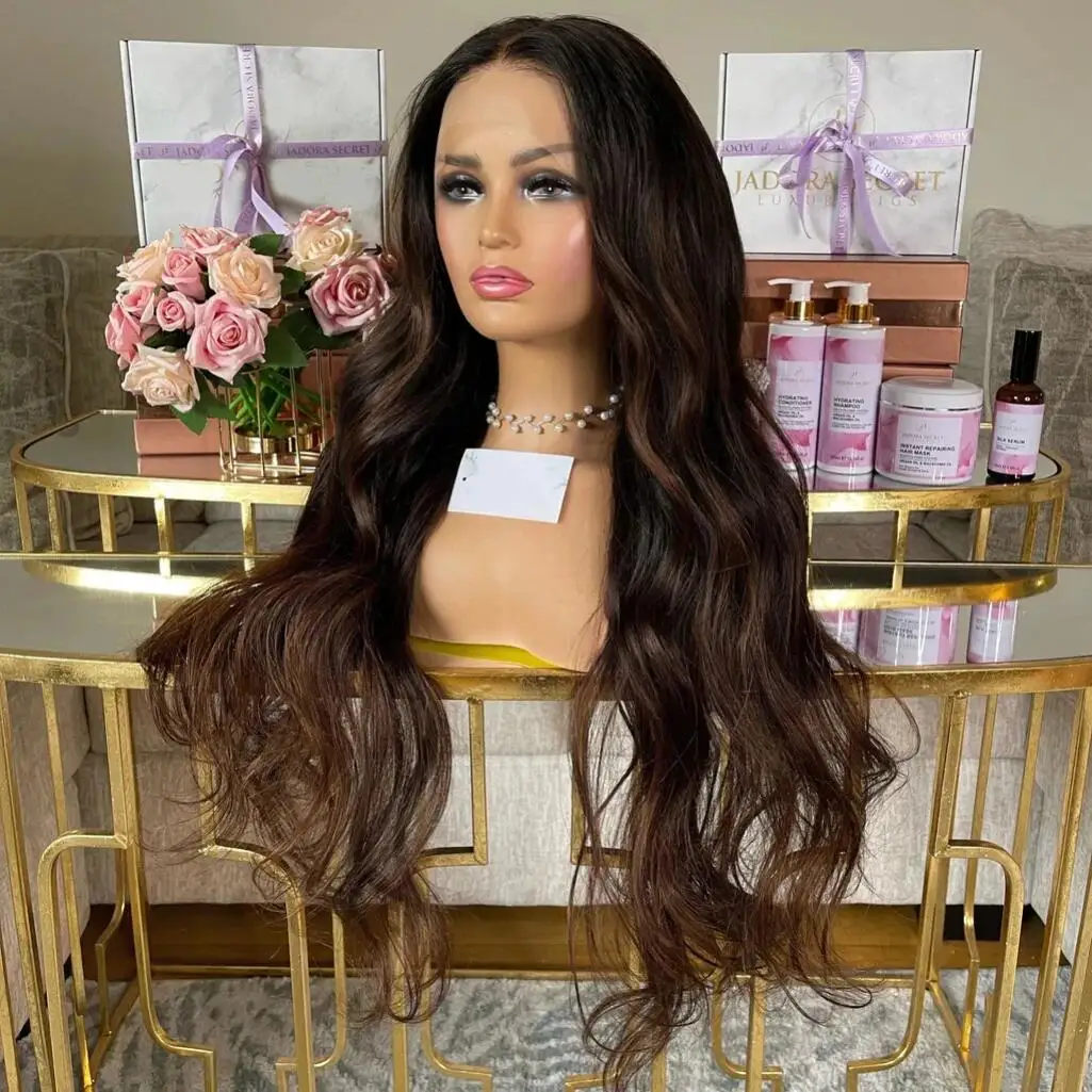 

Long Glueless 26 Inch Ombre Brown Free Part 180Density Wave Lace 5x5 Silk Base Human Hair Wig For Women BabyHair Pre-plucked