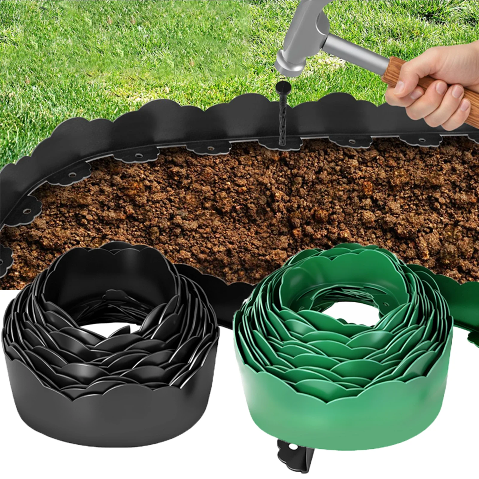 4 in Tall 33FT Landscape Edging Border with 30 Spikes, No Dig Kit | Garden Edging Border Lawn Edging, Flexible Edging for Landscaping Flower Beds Yard Pathway Paver Edging (Black /Green)