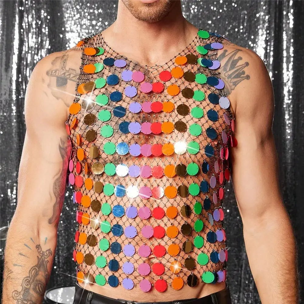 Heavy-Duty Diamond-Encrustedผู้ชายFishnetเสื้อกั๊กHandmade Beadedดูผ่านTop CyberpunkพราวLight-Up Openwork Jacket