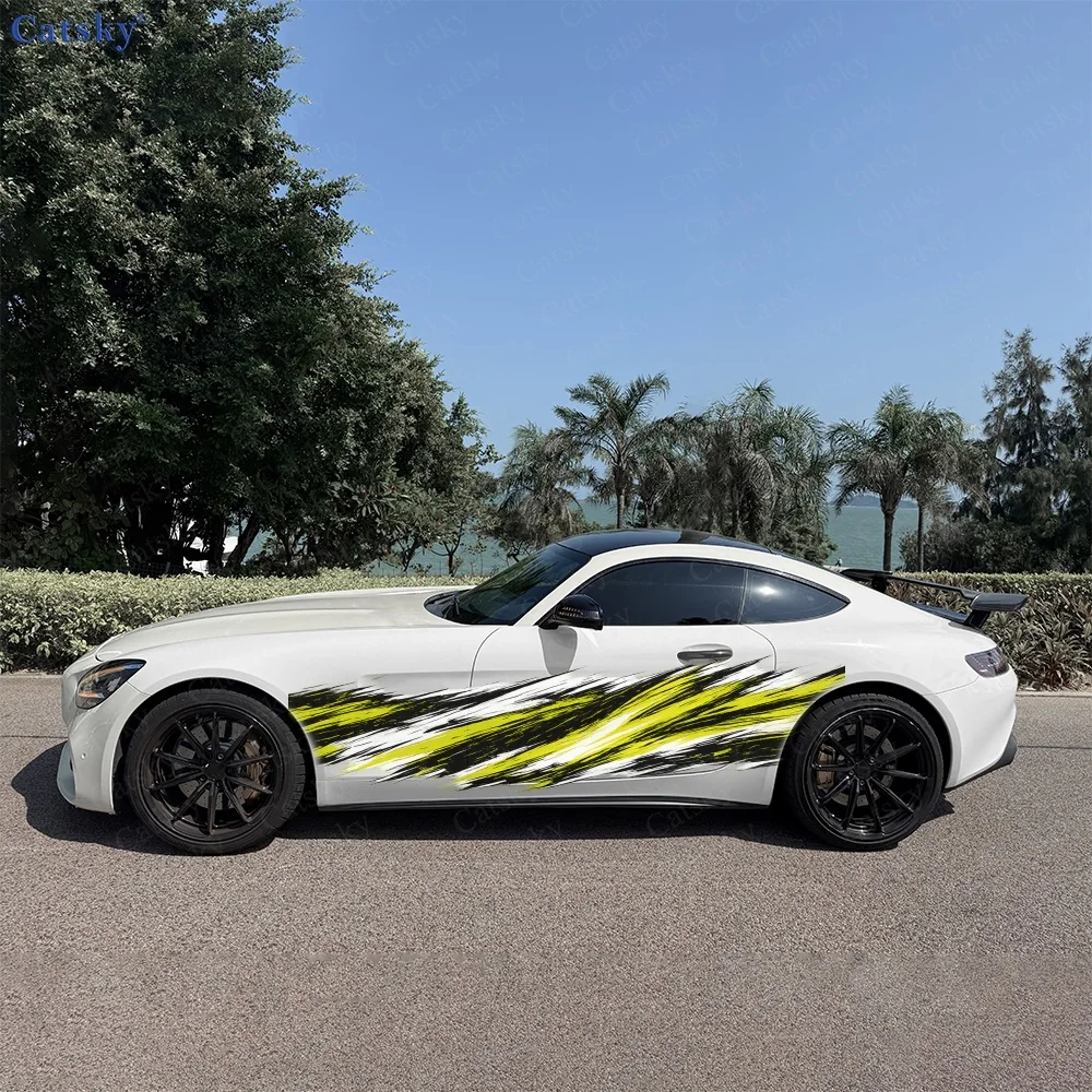 2Pcs Black and Yellow Brush Stroke Design Car Body Side Sticker, Automotive Door Side Graphics for Car, Car Decoration Accessory