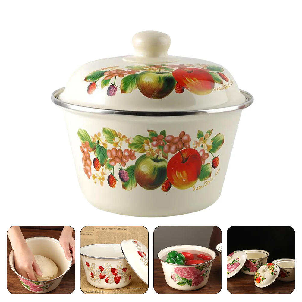 Home Decor Storage Shelves Enamel Basin Ceramics Mixing Bowl Lard Oil Pots Retro with Lid Thickened Colorful Holder