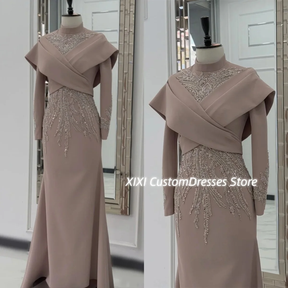Abiti da cocktail con perline cammello Scollo rotondo Personalizza abiti eleganti per le donne Abiti da ballo con cerniera lunghi fino al pavimento a maniche lunghe