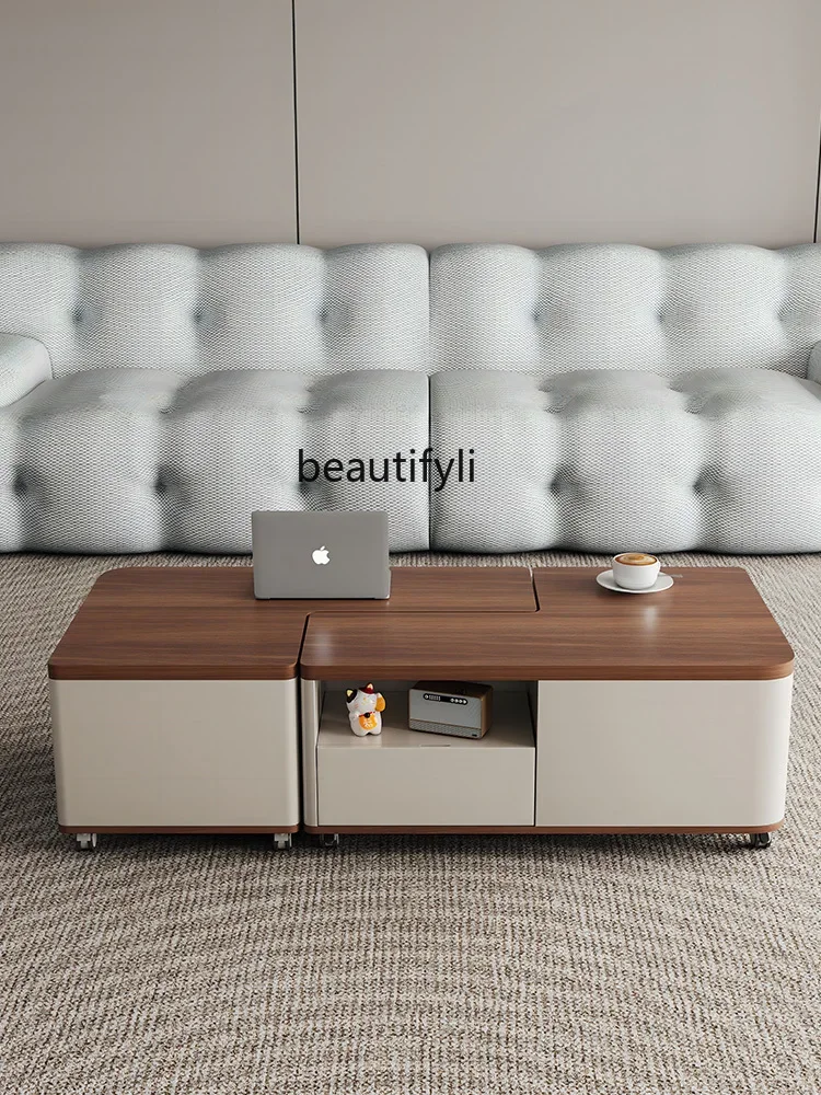 X188Mobile Function Coffee Table Minimalist Designer Model Modern Living Room Home Solid Wood Walnut Color Antique Style