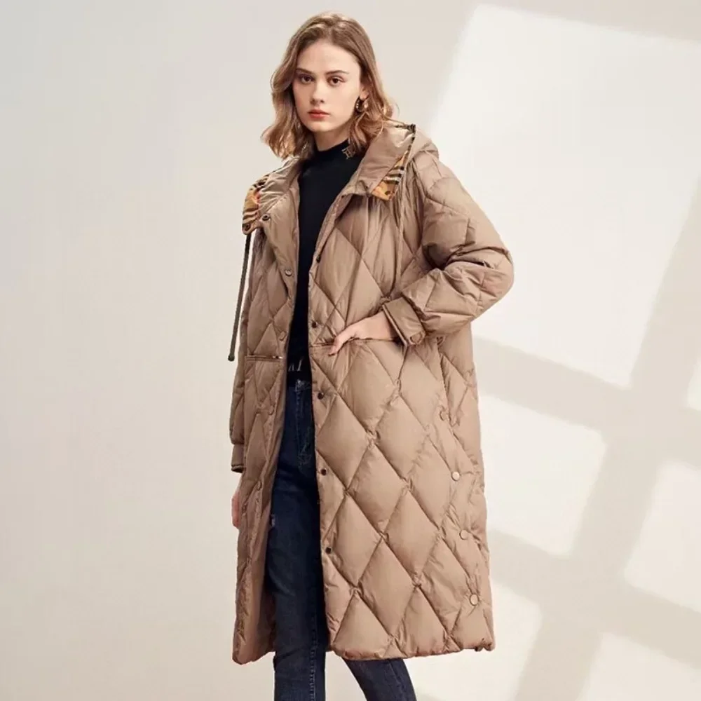 Slim Warm Puffer Jacket Women Long Over-the-knee Hooded Diamond Check Coat Female 2024 New Winter White Duck Down Jacket Women