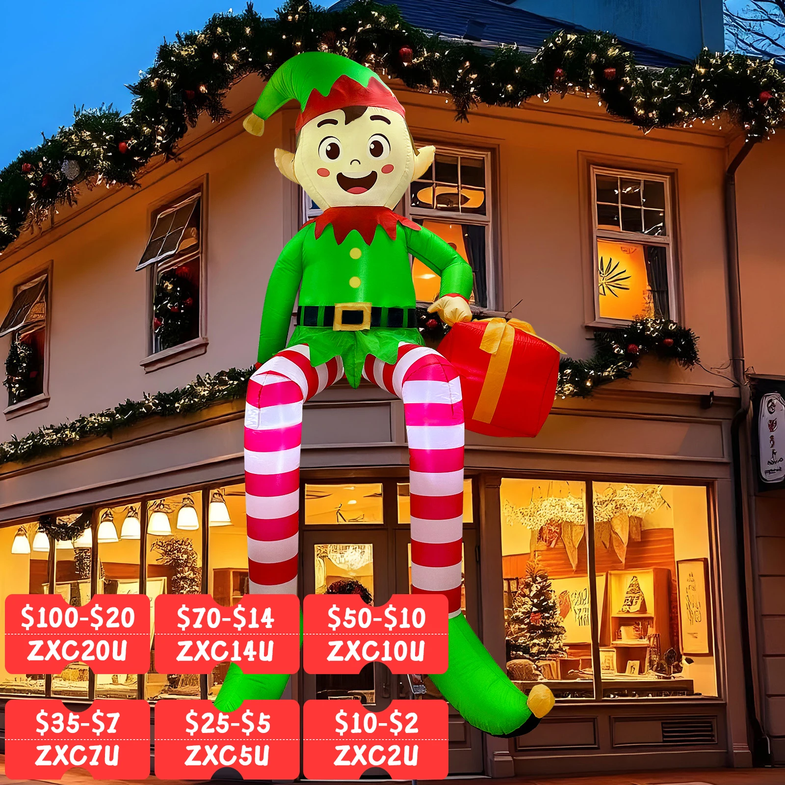 8FT Christmas Inflatables Outdoor Decorations, Christmas Inflatable Sitting Elf Christmas Yard Decorations Bliud-in LED Lights