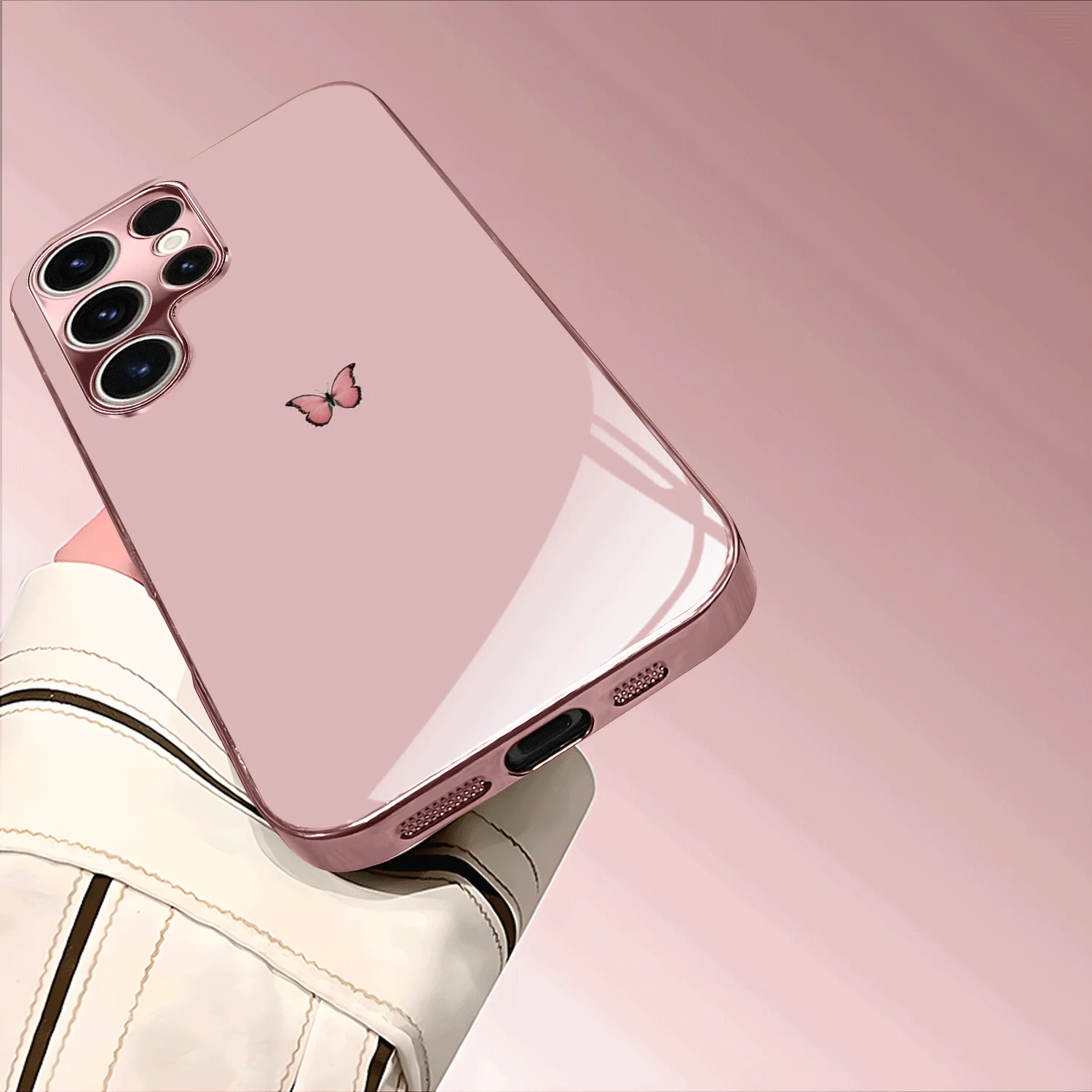 Pink Butterfly Pattern Electroplated Glass Phone case, suitable for Samsung S26FE/S25/S24/S23/S22/S21/S20 and other models.