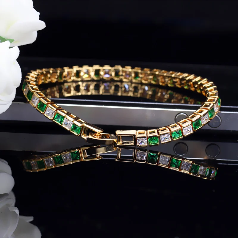 ThreeGraces Unique Green Cubic Zirconia Small Geometric Square CZ Tennis Bracelet for Women Fashion Party Costume Jewelry BR197