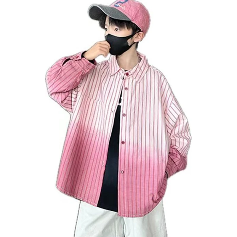 

Teenage Boys Clothes School Uniform Shirts Pink Gradient Color Kids Long Sleeve Vertical Striped Shirt Children Blouse 3-14 Year