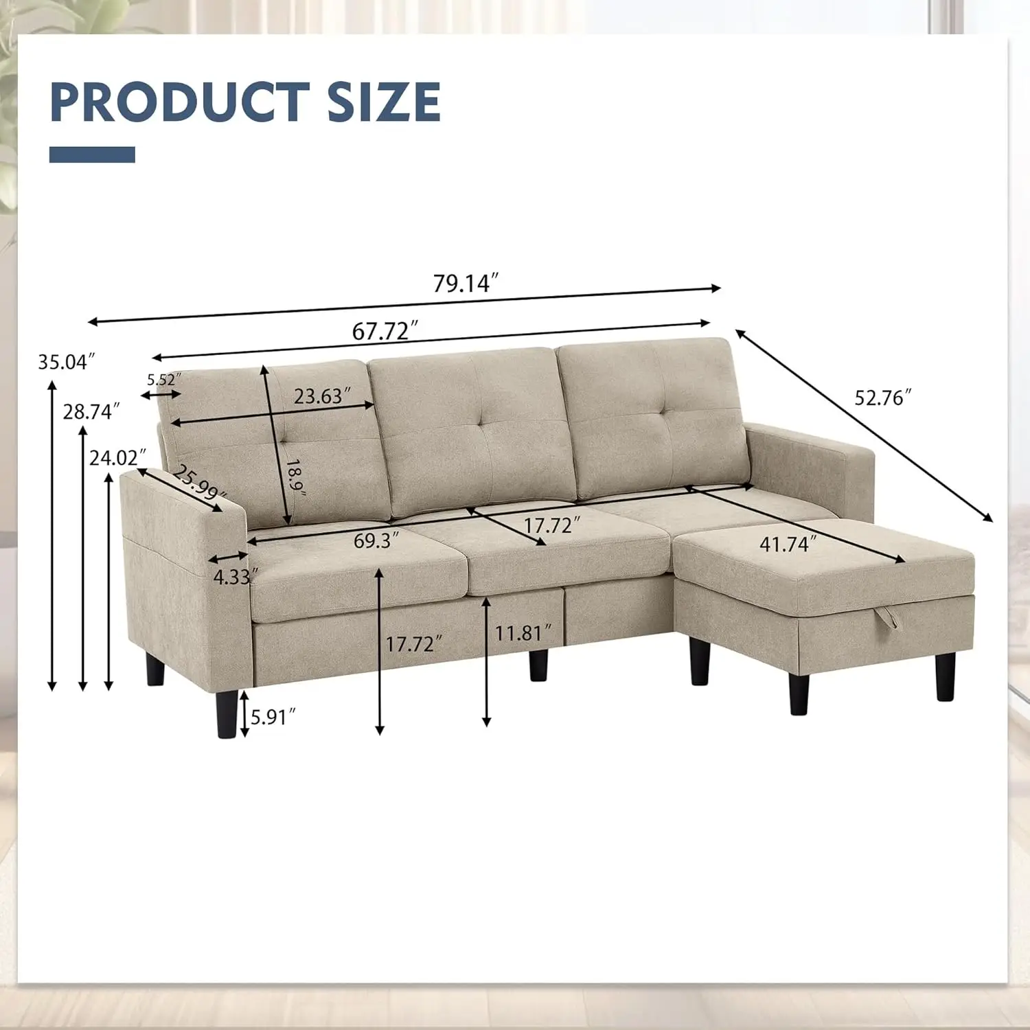 أريكة قابلة للتحويل على شكل حرف L مقاس 79 بوصة، 3 مقاعد مع كرسي تخزين وجيب، أريكة عصرية قابلة للعكس من قماش الكتان لغرفة المعيشة، Apar