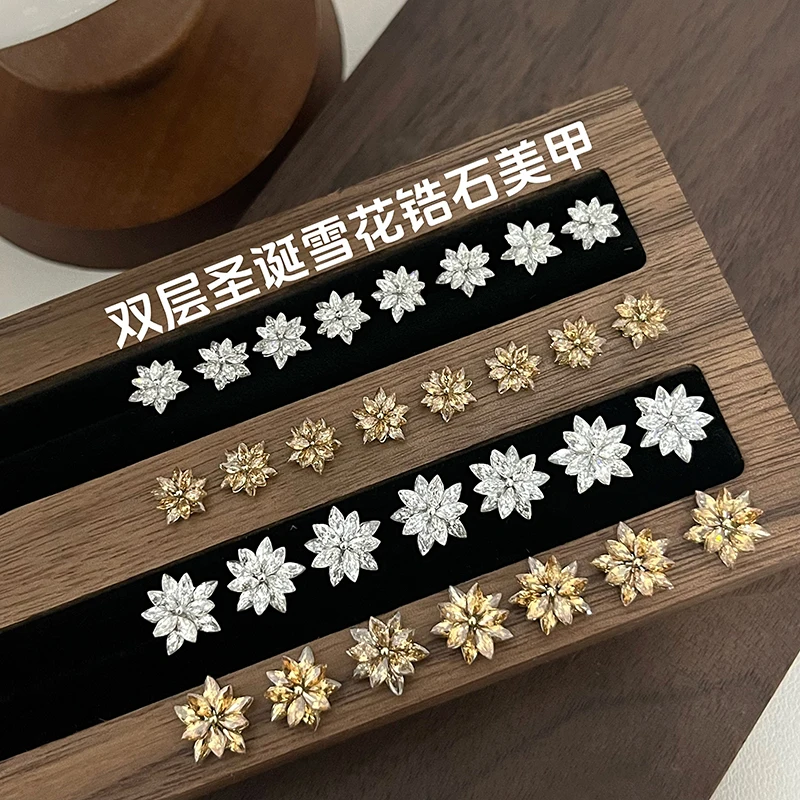 10pcs Christmas Snowflake & Edelweiss Nail Charms, Sparkling Champagne White Zirconia Double-Layer Stacked Rhinestone Nail Decor