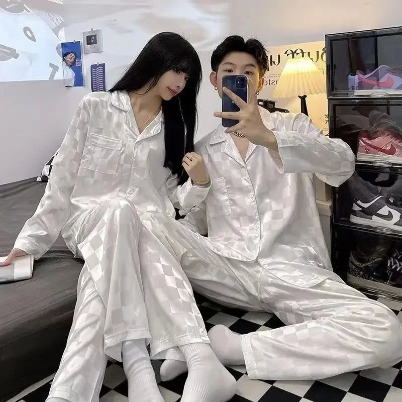 2024 New Couple Pajamas Women Spring Autumn Ice Silk Large Size Sleepwear Long Sleeved Thin Style Summer Men\'s V-neck Homewear