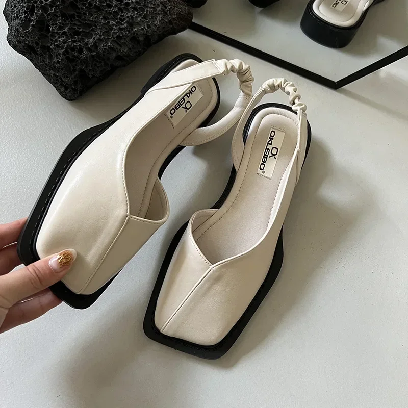 

Baotou Summer Casual Ladies Sandals Fashion Ladies Elastic Band Flat Heel Women's Shallow Mouth Party Shoes Square Heel Sandals