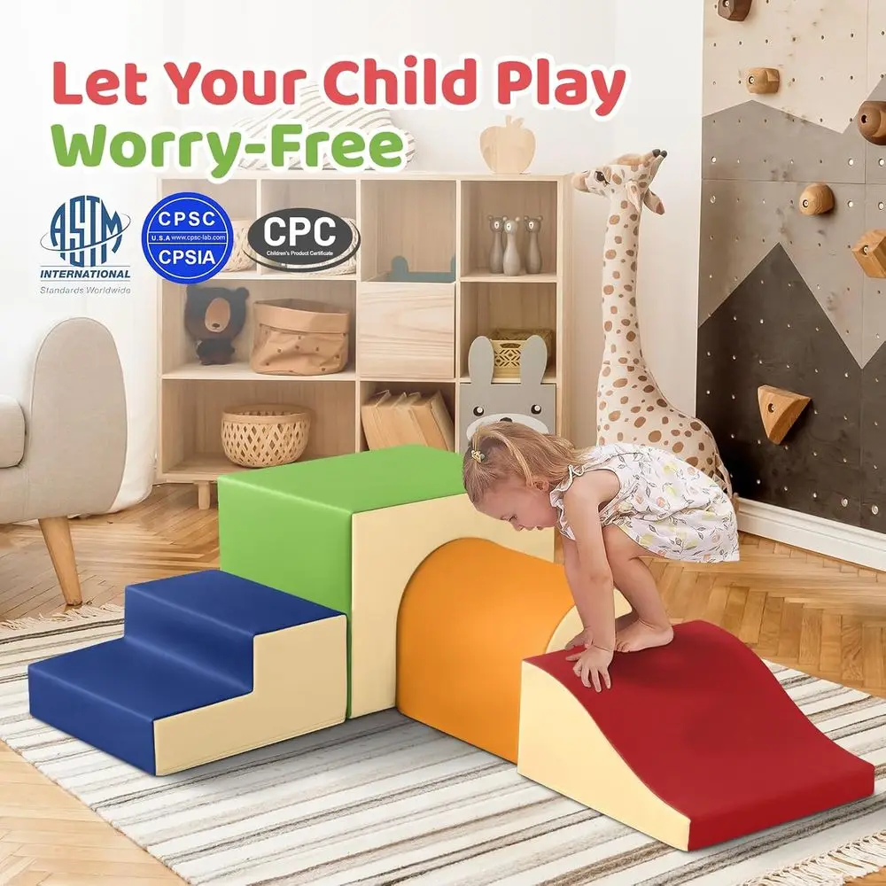 Conjunto de ginástica Soft Play para crianças: blocos de escalada de 4 peças com escorregador, escadas e túnel
