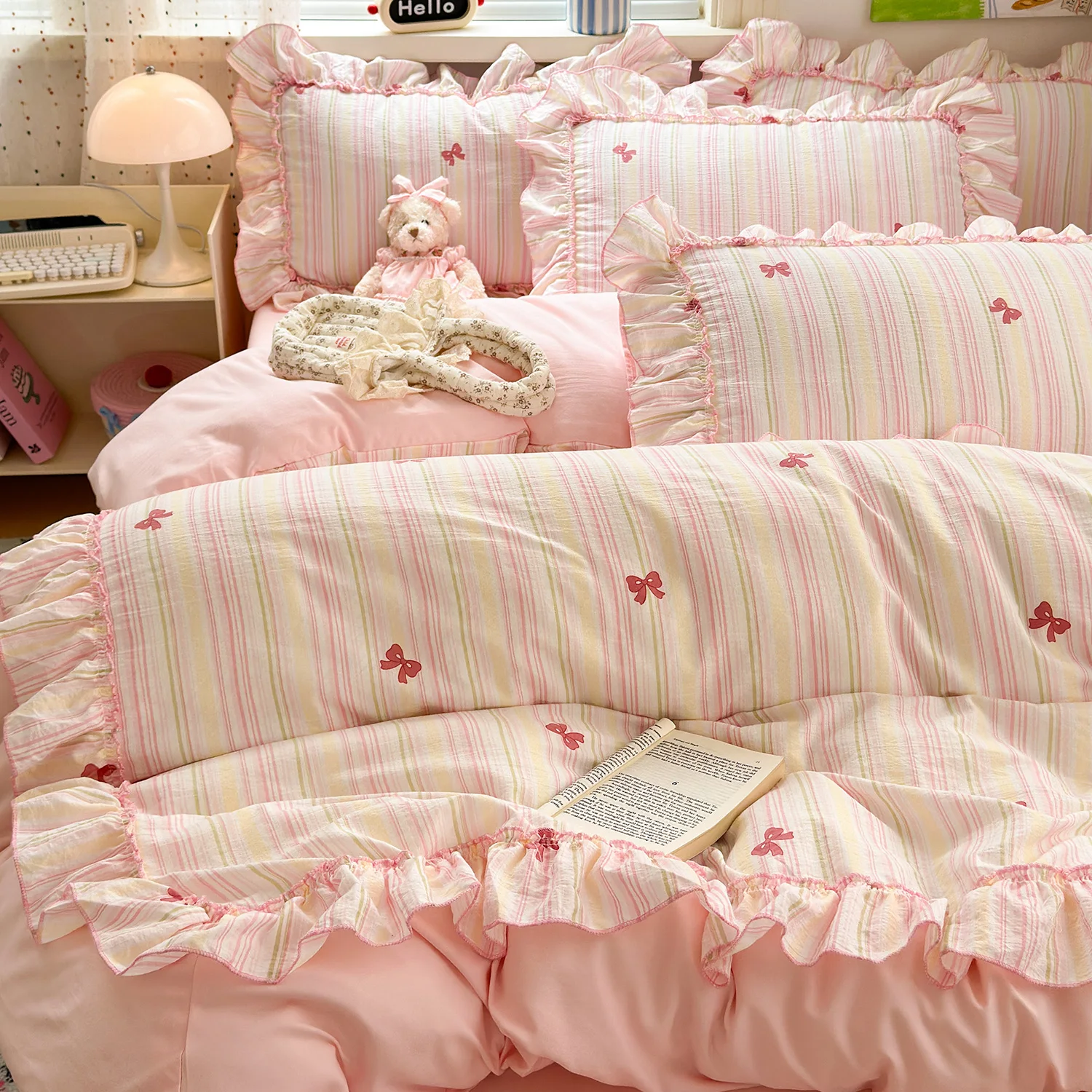 3pcs pink seersucker Duvet Cover Set (1*Duvet Cover + 2*Pillowcase, Without Core),pink bow Bedding Set
