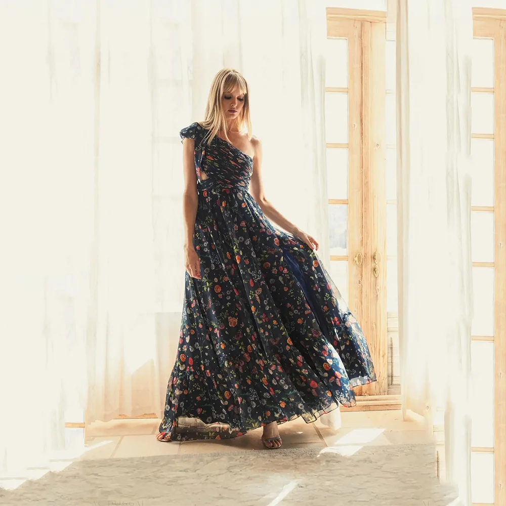 

Fashion Floral Print One Shoulder Sleeveless Prom Gown A-line Tulle Thigh Slit Evening Dress Customzied Floor Length Party Dress