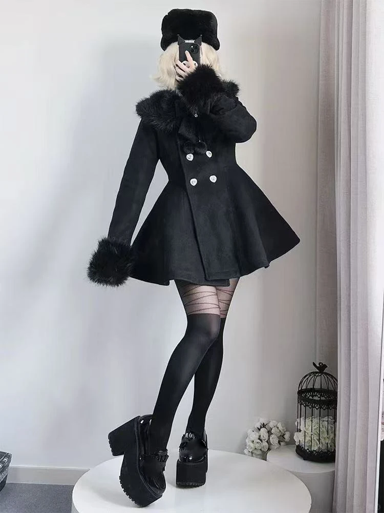 

Осень-зима 2022, кавайный меховой воротник, теплое шерстяное пальто, новая французская свободная куртка с бантом для вечеринок, винтажная однотонная смесь в японском стиле