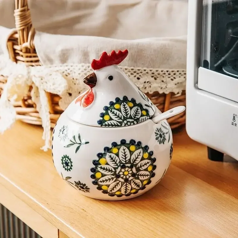 Ceramic Seasoning Pot Rooster Style Kitchen Household High-end Moistureproof Seasoning Salt Box Spicy Pot with Lid with Spoon