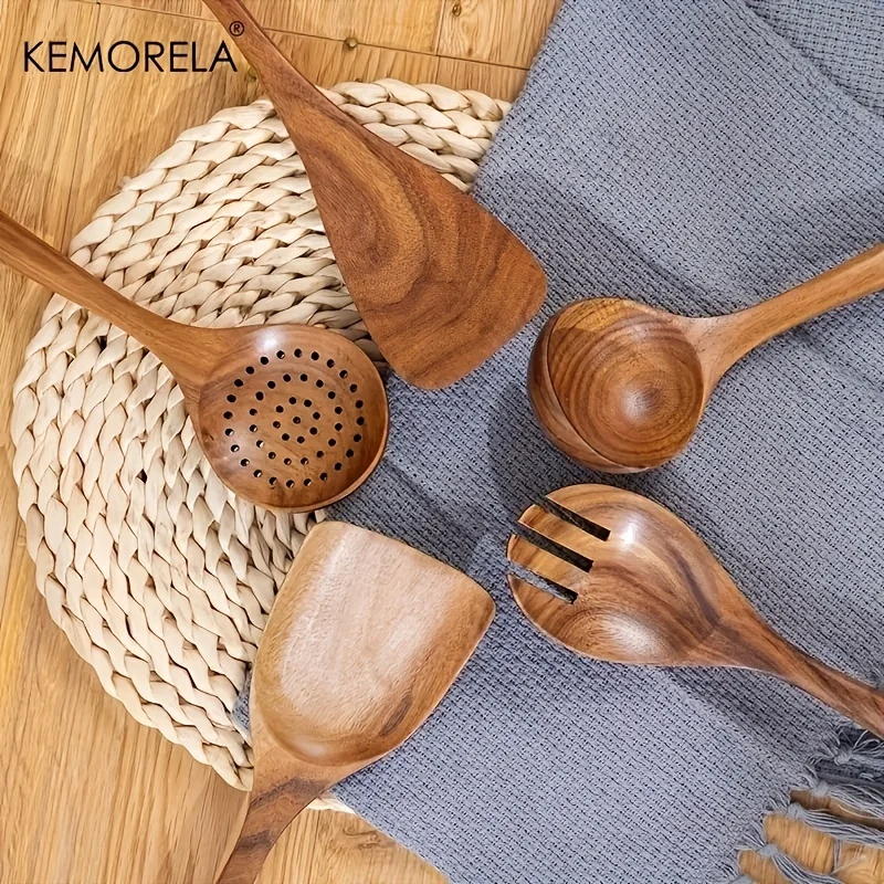 5PCS Natural Wooden Tableware Wooden Spoon Soup Skimmer Cooking Spoon Spatula Long Colander Dinner Home Cookware Set