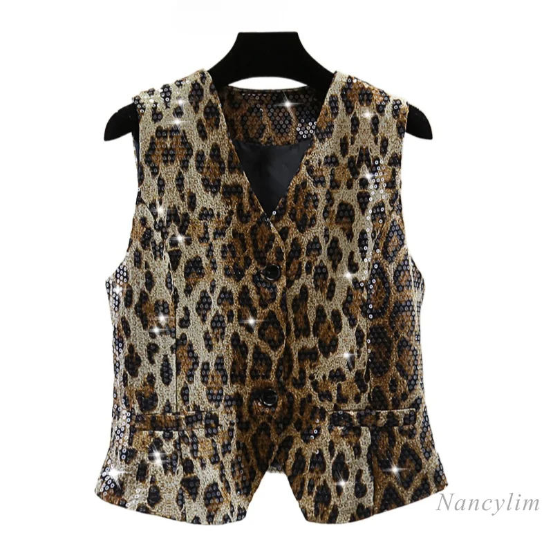 Vintage Leopard Print V-neck Sleeveless Coat Women 2024 Autumn Slimming High Waist Short Heavy Embroidery Sequins Vest Waistcoat