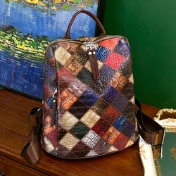 Sacs à dos patchwork en cuir pour femmes, sac d'école de voyage de grande capacité, sac à dos initié rétro féminin, nouvelle mode, 2023