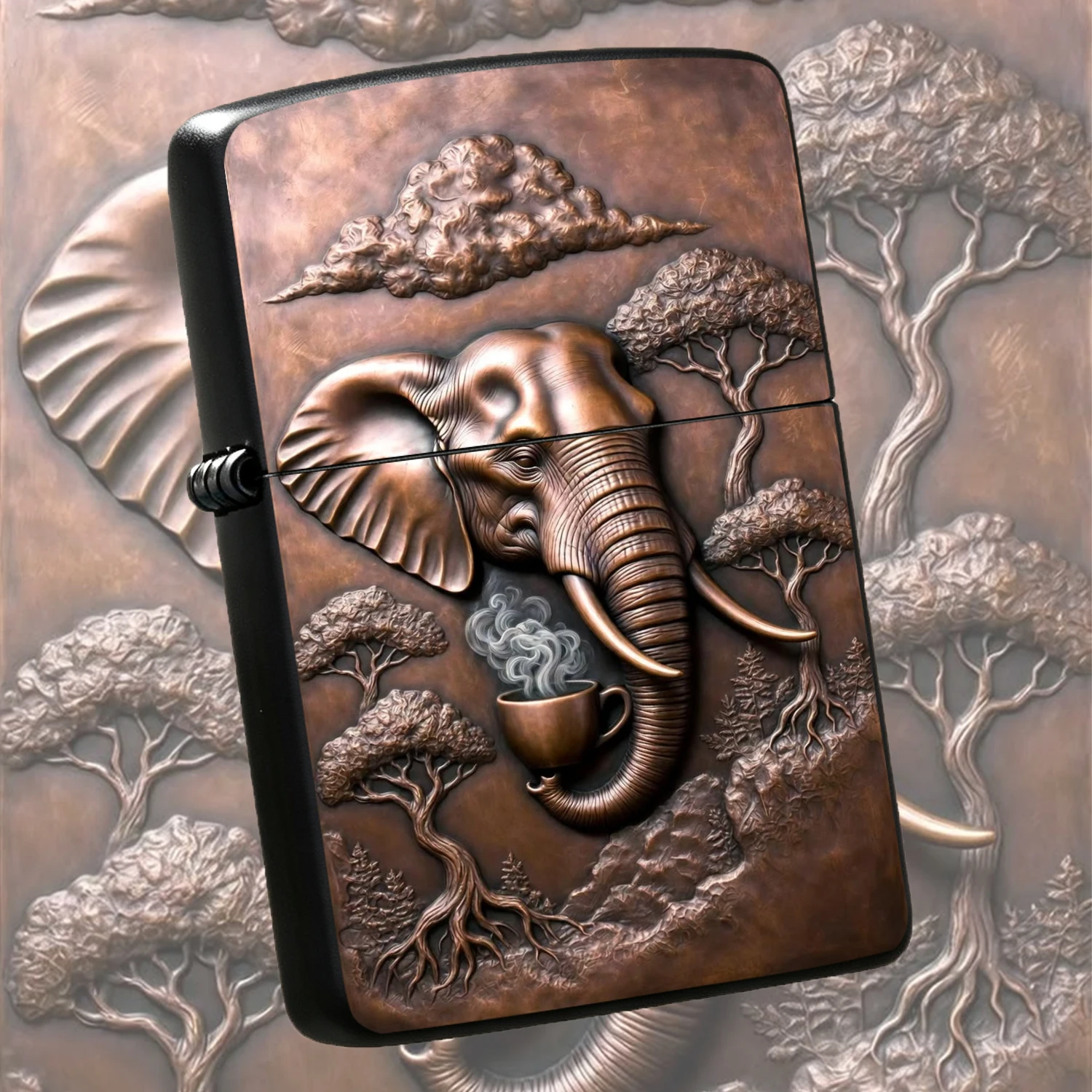 Vintage Relief Style Lighter With Exquisite African Elephant Holding Hot Coffee Design, Artistic Savannah Tree Cloud Pattern Decor, Portable Unique Creative Gift For Friends, Suitable For Daily Travel Camping Casual And All Kinds Of Scenes