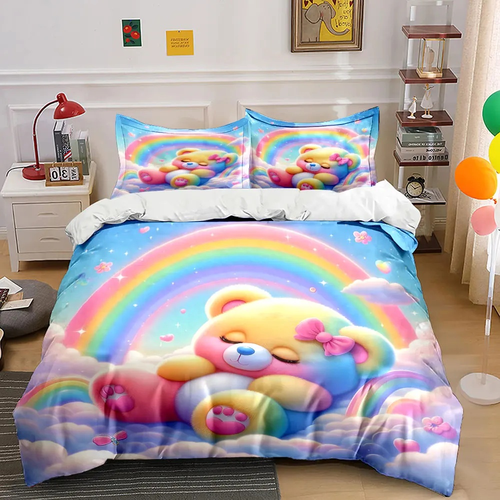 Rainbow teddy bear on dreamy clouds Duvet Cover Set with 3D Printing Design Soft Polyester Bedding Set All-Season Comfort