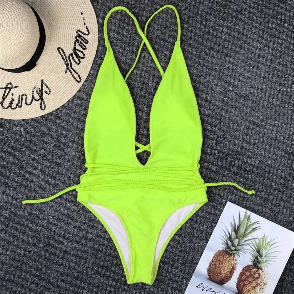

Swimwear Women Neon Green Cut Out Lace Up One Piece Swimsuit Solid Deep V-neck Push Up Leopard Backless Tummy Control Bikini