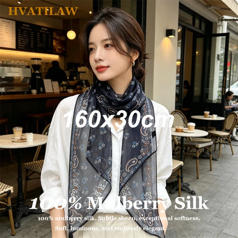 

100% Pure Silk Scarf 160x30cm Paisley Scarf Women Designer Luxury Silk Shawl Wrap Neck Scarf Summer Sun Protection Breathable