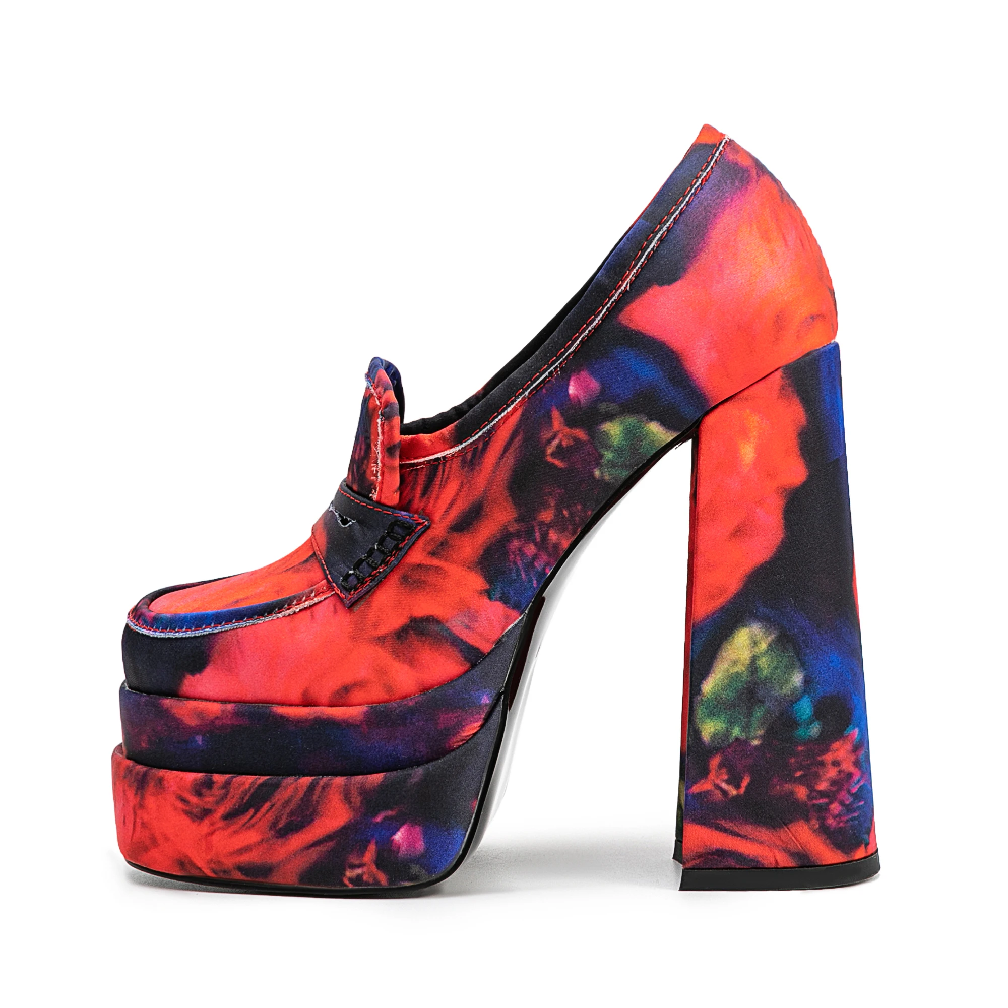 2025 Spring Color printing Platform high-heeled shoes round toe pull-on Super high heel Single shoe Catwalk shoes