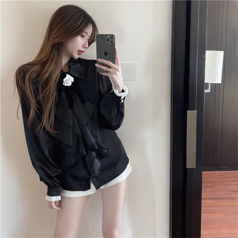 Spring and Autumn Ruffles Chiffon Long Sleeved Shirt Women Rose Black Bow Sweet Loose White Blouse Top Solid Color Uniform Shirt