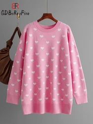 Women's Oversized Long Sweater Autumn Office Pink Heart Printed Knitted Jumper Long Sleeve Tops Pullover Winter Sweaters Woman