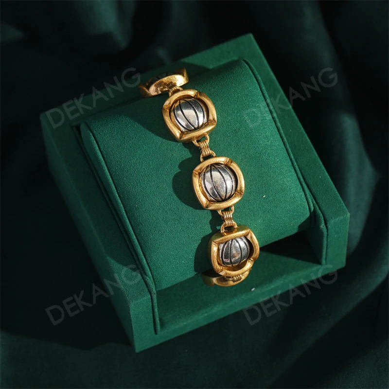 Simple Wavy Checkered Two-Color Gold And Copper Plated Bracelet