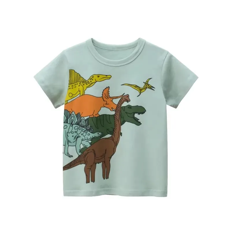 Summer New 2025 Short Sleeve Cartoon Print Boys Dinosaur T-Shirt Children Kids Fashion O-Neck Cotton Top Tees 2-10Y Dropshipping