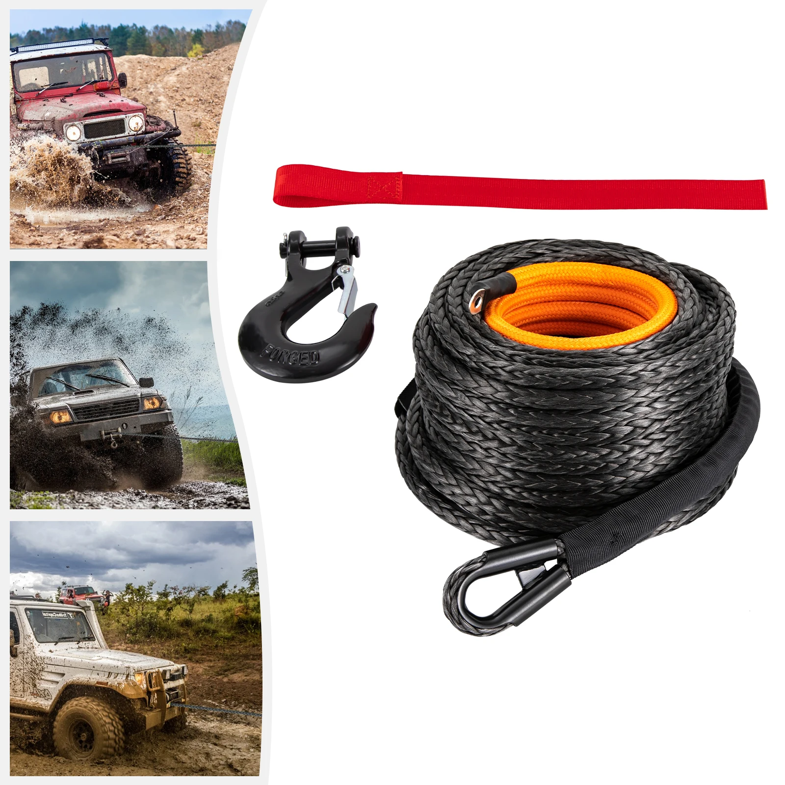 

1/2x92ft Synthetic Winch Rope w/ Hook 31500LBS Car Tow Recovery Cable Tow Orange