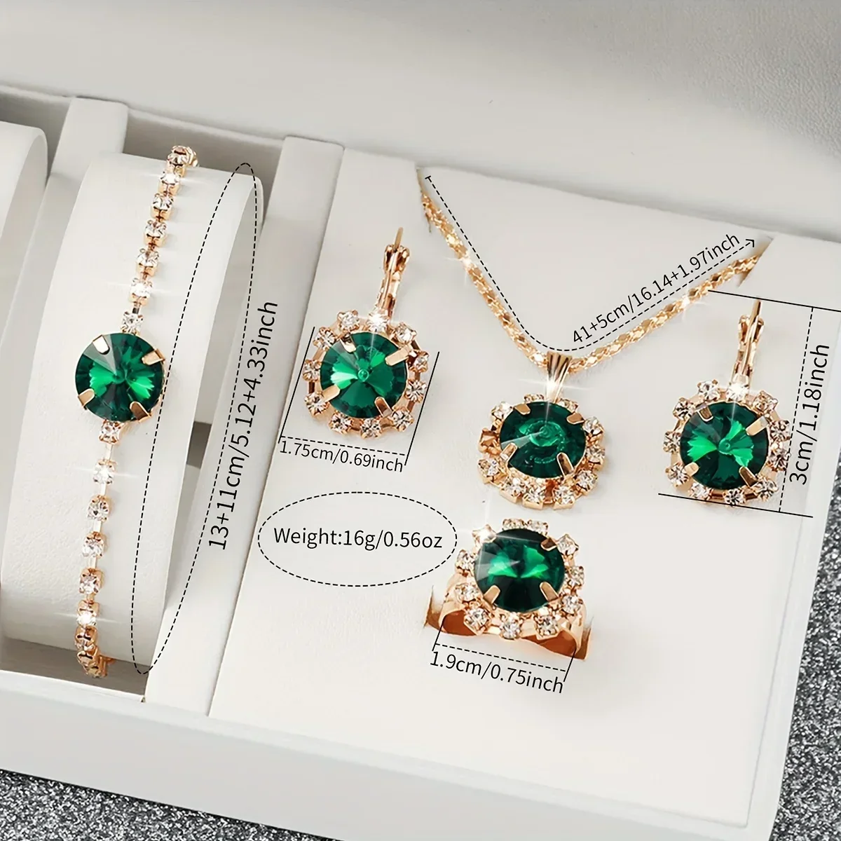 6-piece set of green luxury quartz watches for women, rings, necklaces, earrings, rhinestones, fashionable watches casual ladies