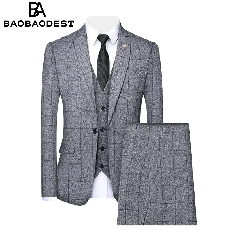 

Men's Checked 3-Piece Slim Fit Suit | Stylish Groom Tuxedo Set (Blazer+Vest+Pants) for Wedding/Prom/Formal Check Pattern