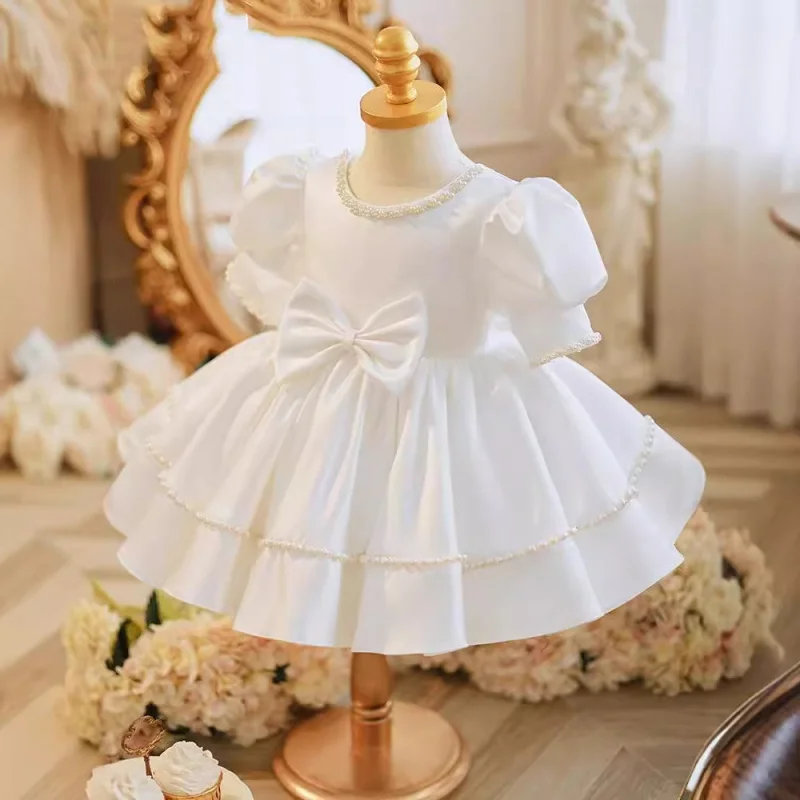 

Платье для первого дня рождения для девочек, новинка 2025, белое высококачественное элегантное платье для выступлений на фортепиано для маленьких девочек, платье принцессы