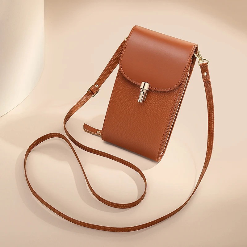 Genuine leather phone bag, crossbody bag, shoulder bag with 8 card slots, ID evidence slot, zipper pocket, lychee patterned cowh