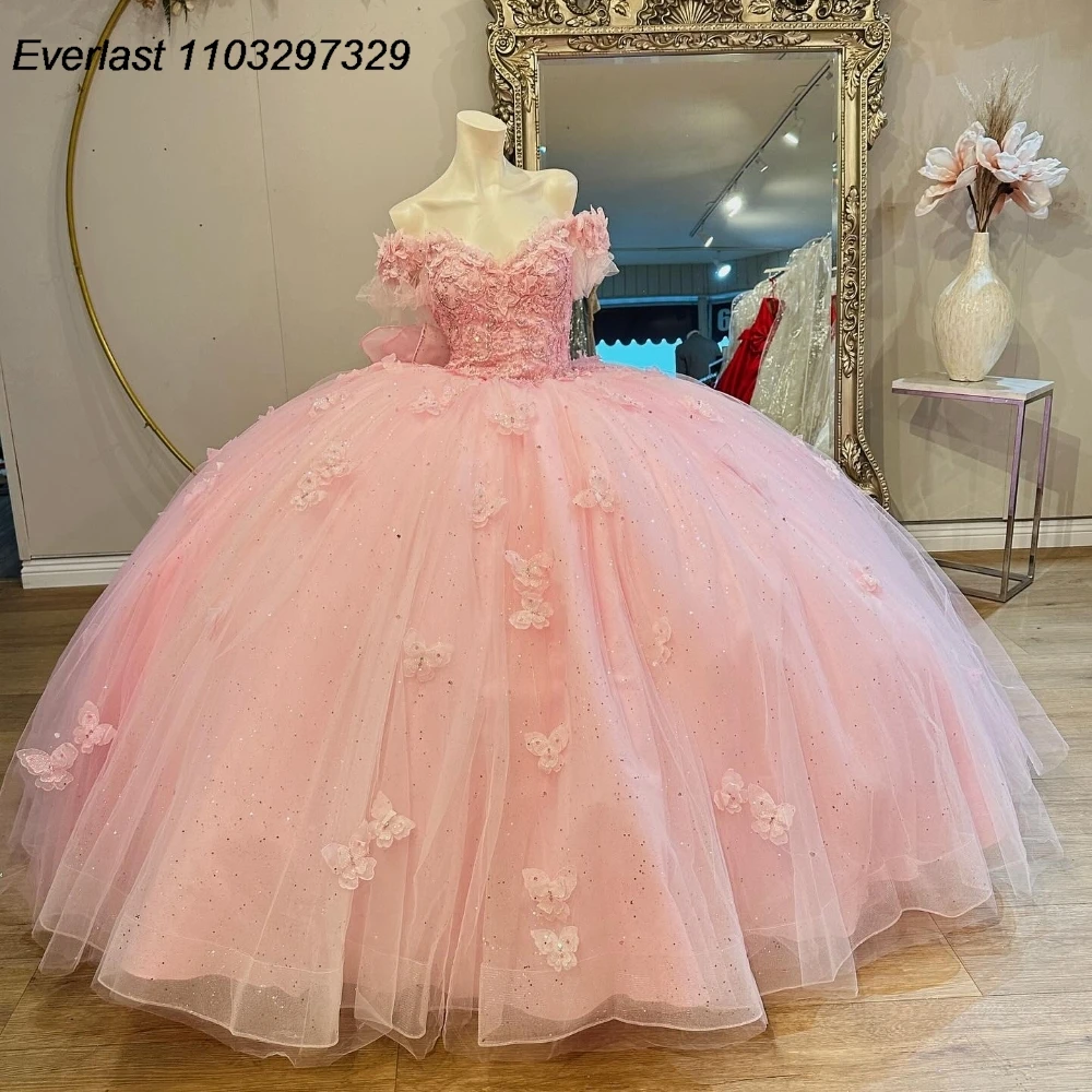 EVLAST-Vestido Quinceanera Rosa Brilhante, Vestido de Baile, Applique Borboleta, Arco Frisado, Espartilho Mexicano, Doce 16, 15 Anos, TQD979