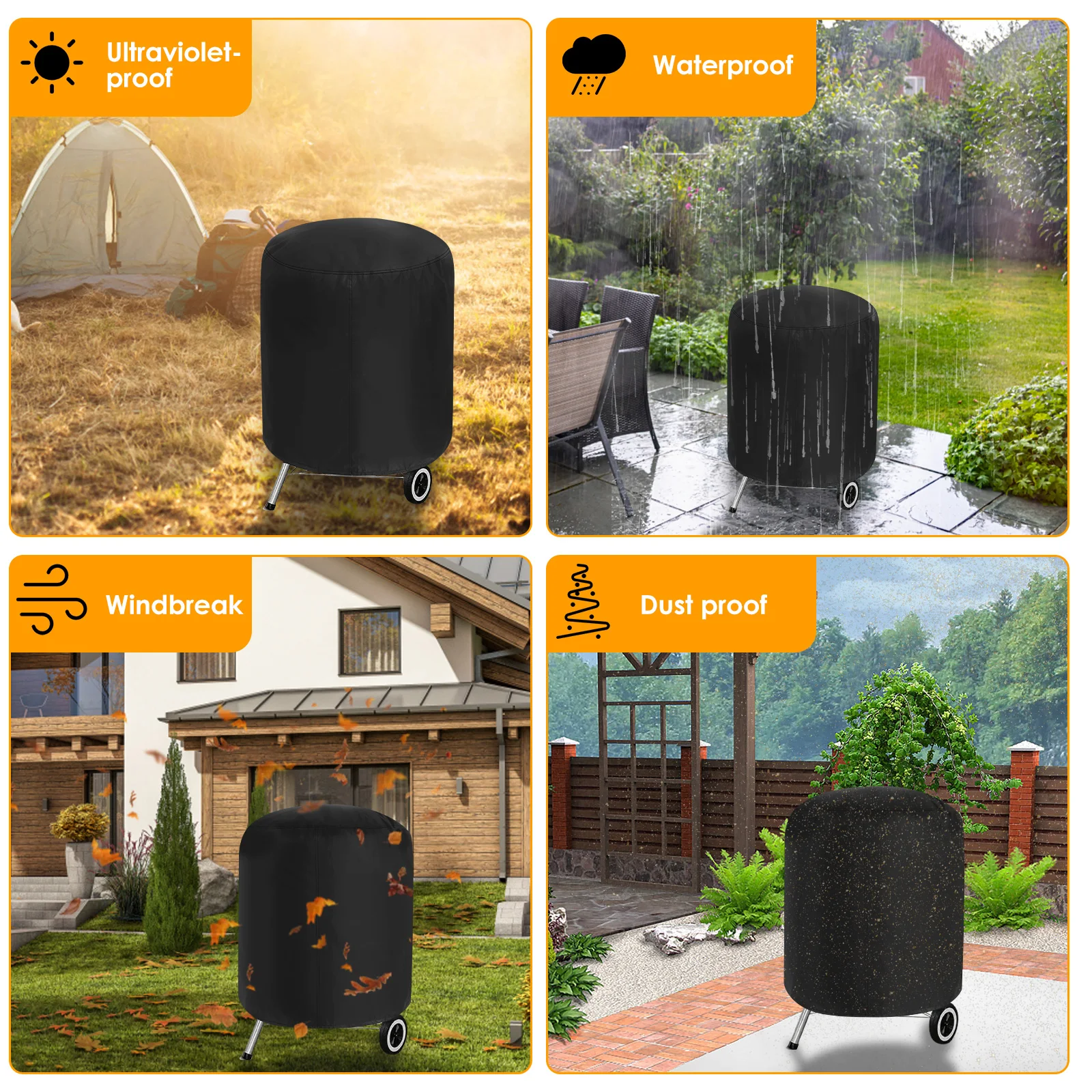 Grill Cover Waterproof Round BBQ Grill Cover Heavy Duty Outdoor Camping Barbecue Charcoal Fire Pit Stove Protection Cover