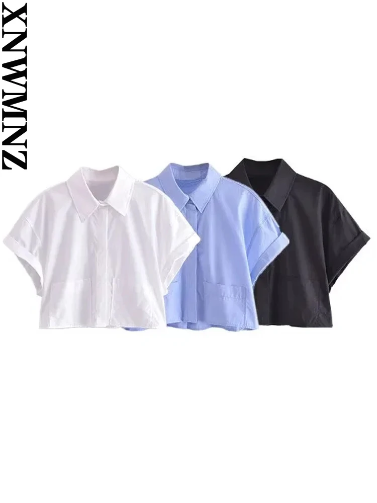 XNWMNZ Women Fashion Crop Poplin Shirt High Street lapel Neck Short Sleeve Patch Pocket Front Button Female Chic Blouse